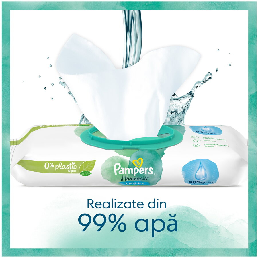 Servetele umede Pampers Harmonie Aqua, 0% plastic, 9 pachete x 48, 432 buc [3]