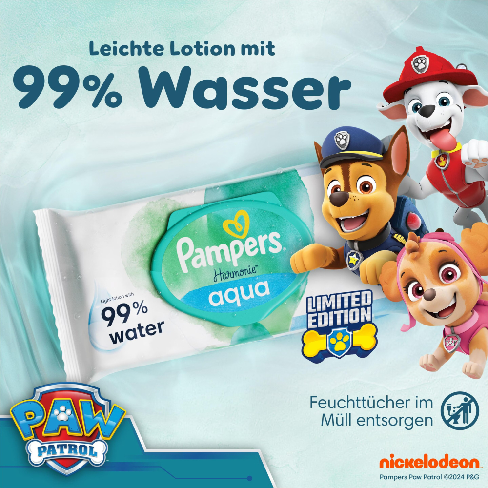 Servetele Umede PAMPERS Harmonie Aqua  Patrula Catelusilor Editie Limitata , contin 99% apa pentru o protectie pura a pielii, 0% Plastic, 15 pachete, 720 buc [3]