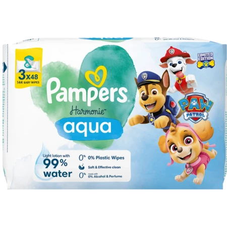 Servetele Umede PAMPERS Harmonie Aqua - Patrula Catelusilor Editie Limitata , Contin 99% Apa pentru o Protectie pura a pielii, 0% Plastic, 3 Pachete x 48, 144 Buc [10]