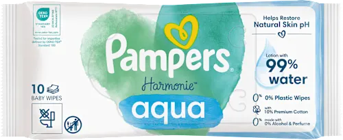 Servetele Umede Pampers Harmonie Aqua, Piele Sensibila, Curatare Delicata,  Fara Parfum cu Ingrediente Naturale, 10 BUC / Pak [2]
