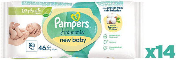 Servetele umede Pampers Harmony New Baby XXBox cu Aloe Vera - 0% Plastic, 14 Pachete x46 buc, 644 buc [1]