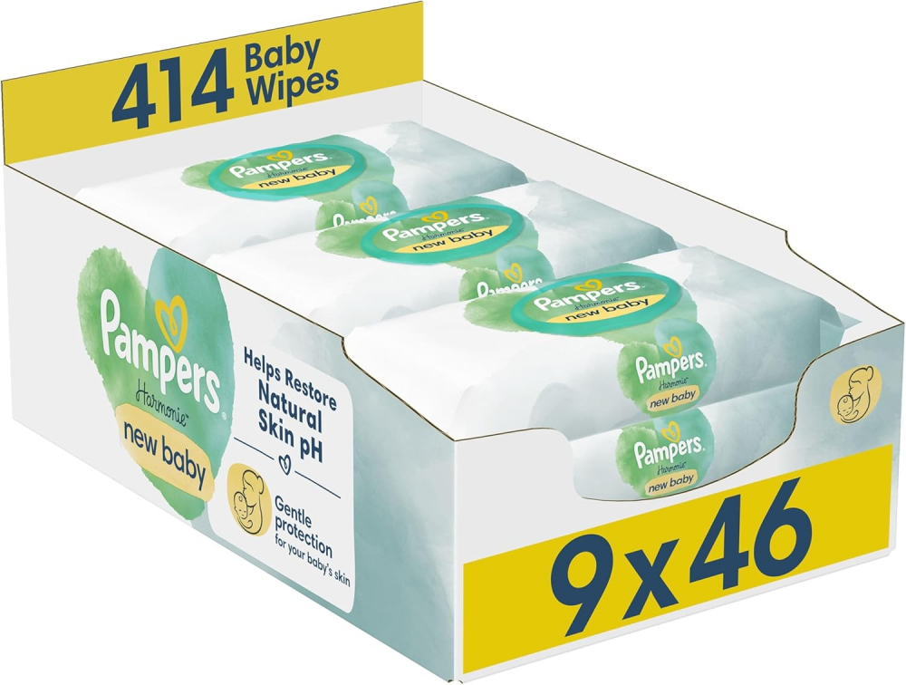 Servetele umede Pampers Harmony New Baby XXBox cu Aloe Vera - 0% Plastic, 9 Pachete x46 buc, 414 buc [1]