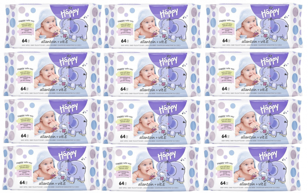 Set Servetele Umede Happy cu Lotiune Hidratanta imbogatita cu Vitamina E si Alantoina - Fara Alcool, PH Neutru, Mega Pack Economy,12x 64 - 768 buc / Set [4]