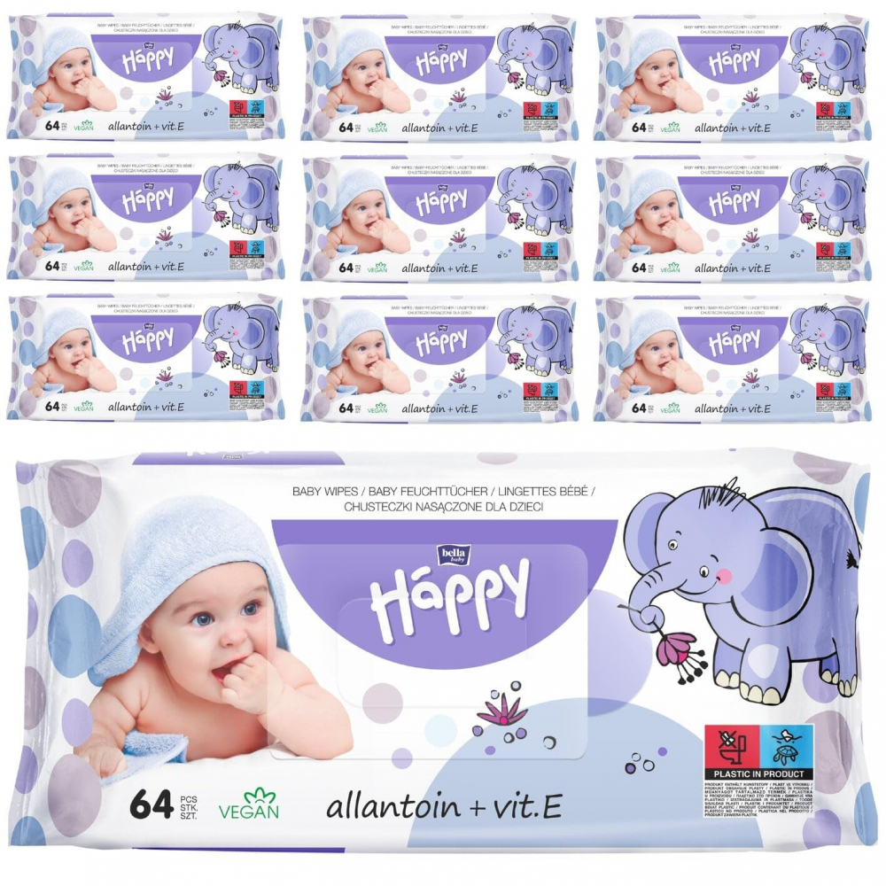 Set Servetele Umede Happy cu Lotiune Hidratanta imbogatita cu Vitamina E si Alantoina - Fara Alcool, PH Neutru, Mega Pack Economy,12x 64 - 768 buc / Set [3]