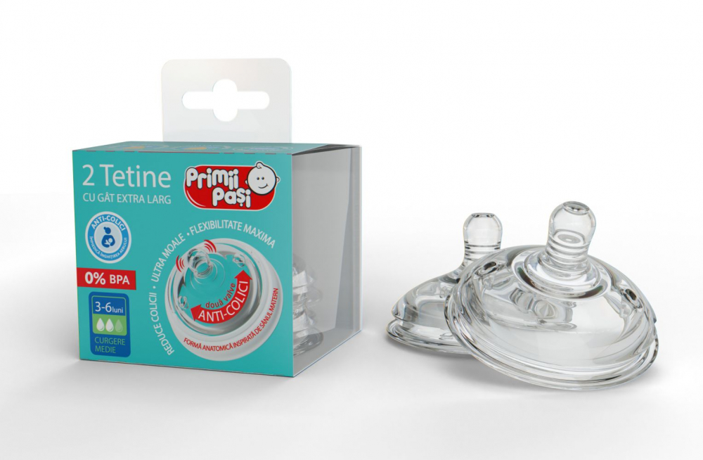Set 2x Tetine Biberon pentru Bebelusi cu Sistem Anticolici cu Gat Extralarg, Tetina Silicon ultra moale care Imită Sânul Mamei ,  2 Valve de Aerisire [1]