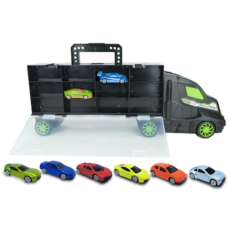 Set Camion Trailer de jucarie, tip Hot Wheels, Rampa de Lansare in Cap Tractor cu 8 masinute incluse, Multicolor [4]