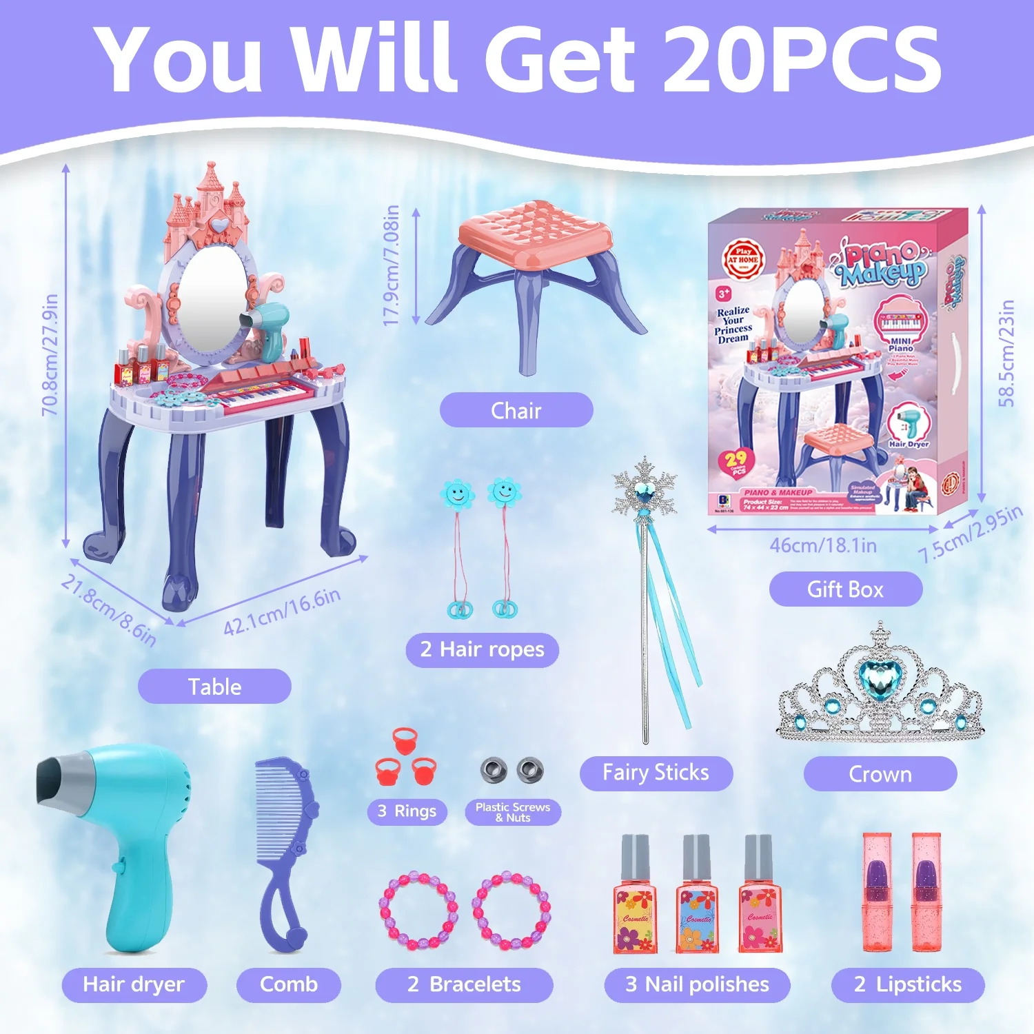 Set Complet pentru Fetite - Masa de Toaleta cu Pian pentru Printese , 29 Piese, 74x44x23 CM [4]