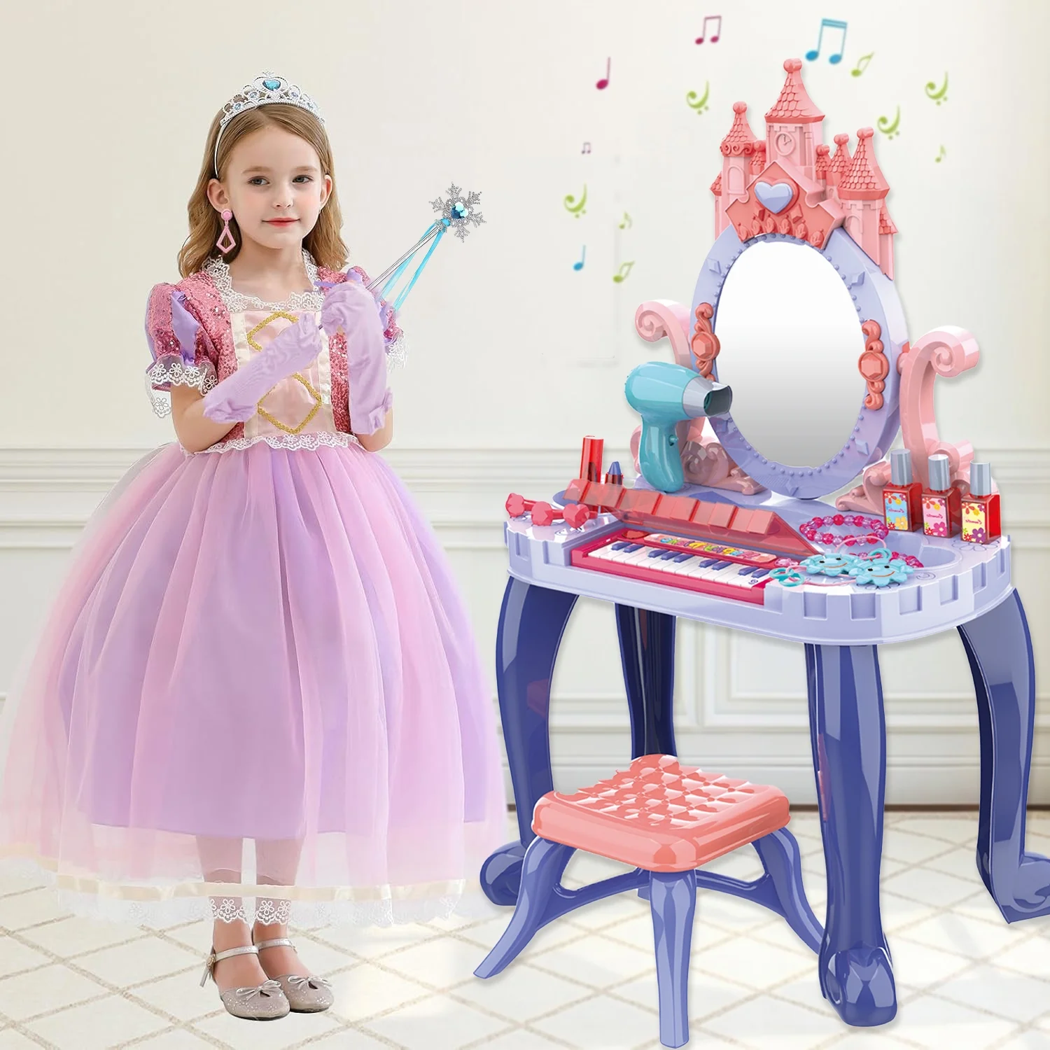 Set Complet pentru Fetite - Masa de Toaleta cu Pian pentru Printese , 29 Piese, 74x44x23 CM [1]