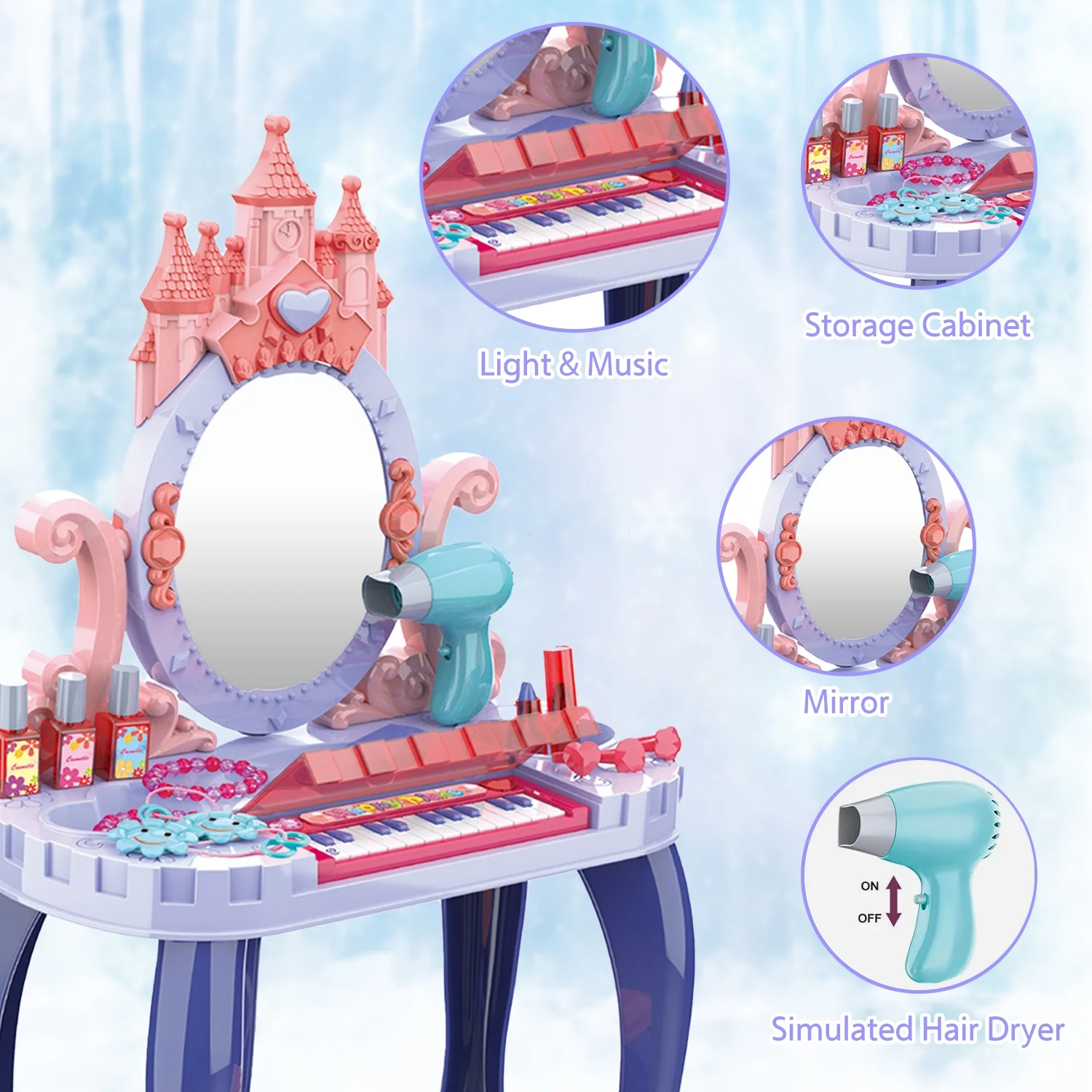 Set Complet pentru Fetite - Masa de Toaleta cu Pian pentru Printese , 29 Piese, 74x44x23 CM [8]