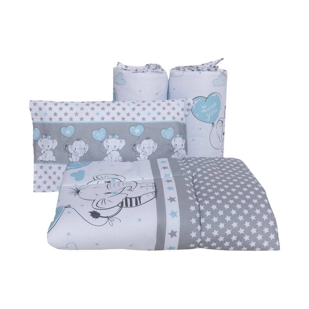 Set Lenjerie Bumbac 7 Piese pentru Saltea Bebelusi de 120 x 60 cm, Love Elephants Blue Royal Baby [2]