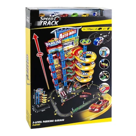 Set Parcare si Garaj  cu 5 Nivele : Rampe, Lift, Benzinarie, 5 Masinute Die Cast 1:64, 1 Elicopter, Heliport, Ascensor ,129 piese [5]