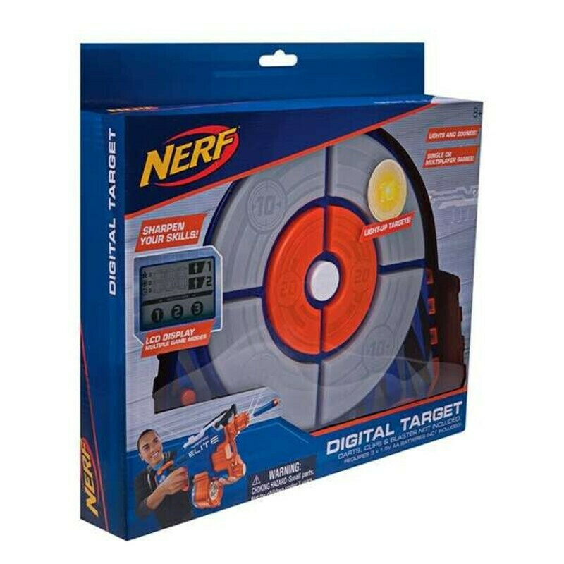 Țintă Digitală Electronică NERF Elite, Ecran LCD cu Lumini și Sunete, are diverse functii si 3 moduri de joc, competitie de punctaj, de viteza si de tinta [3]