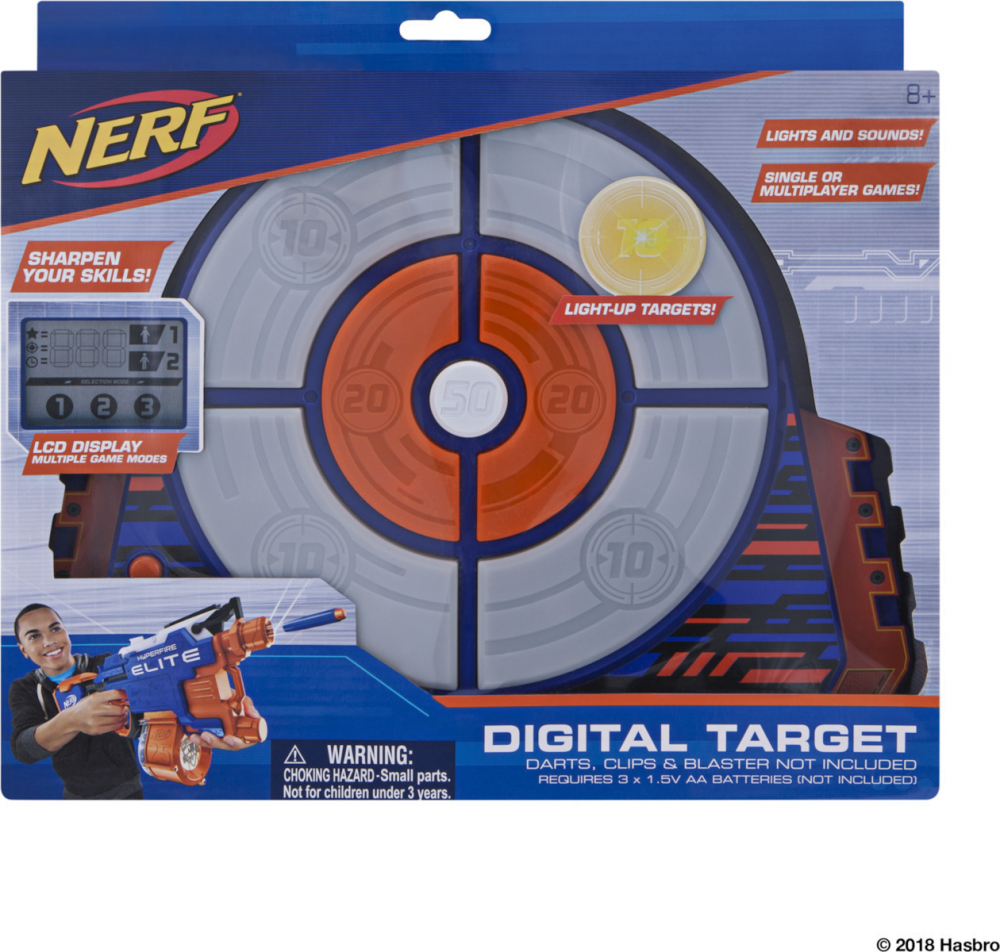 Țintă Digitală Electronică NERF Elite, Ecran LCD cu Lumini și Sunete, are diverse functii si 3 moduri de joc, competitie de punctaj, de viteza si de tinta [2]