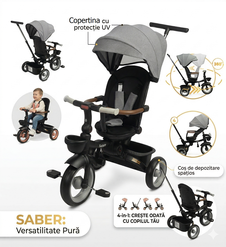 Tricicleta  pentru Copii  cu Pozitie de Somn , Ultrapliabila, Multifunctionala, Spatar Reglabil  in 3 Trepte, Scaun Reversibil 360 Grade  - Beige [4]