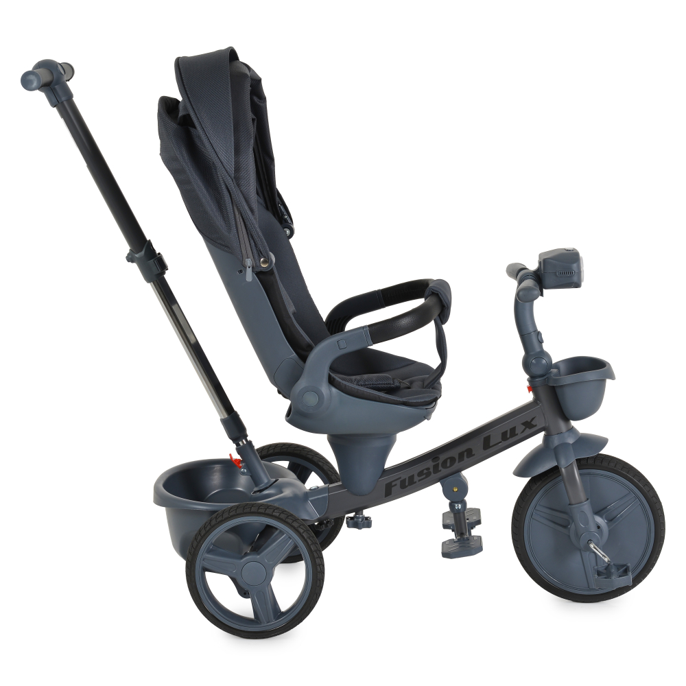 Tricicleta Pliabila Multifunctionala cu Pozitie de Somn, Scaun Reglabil si Reversibil cu Rotatie 360 Grade, Sistem "Free Wheel" Fusion Deluxe Trike, Far cu Lumini si Sunete - GRI INCHIS [12]