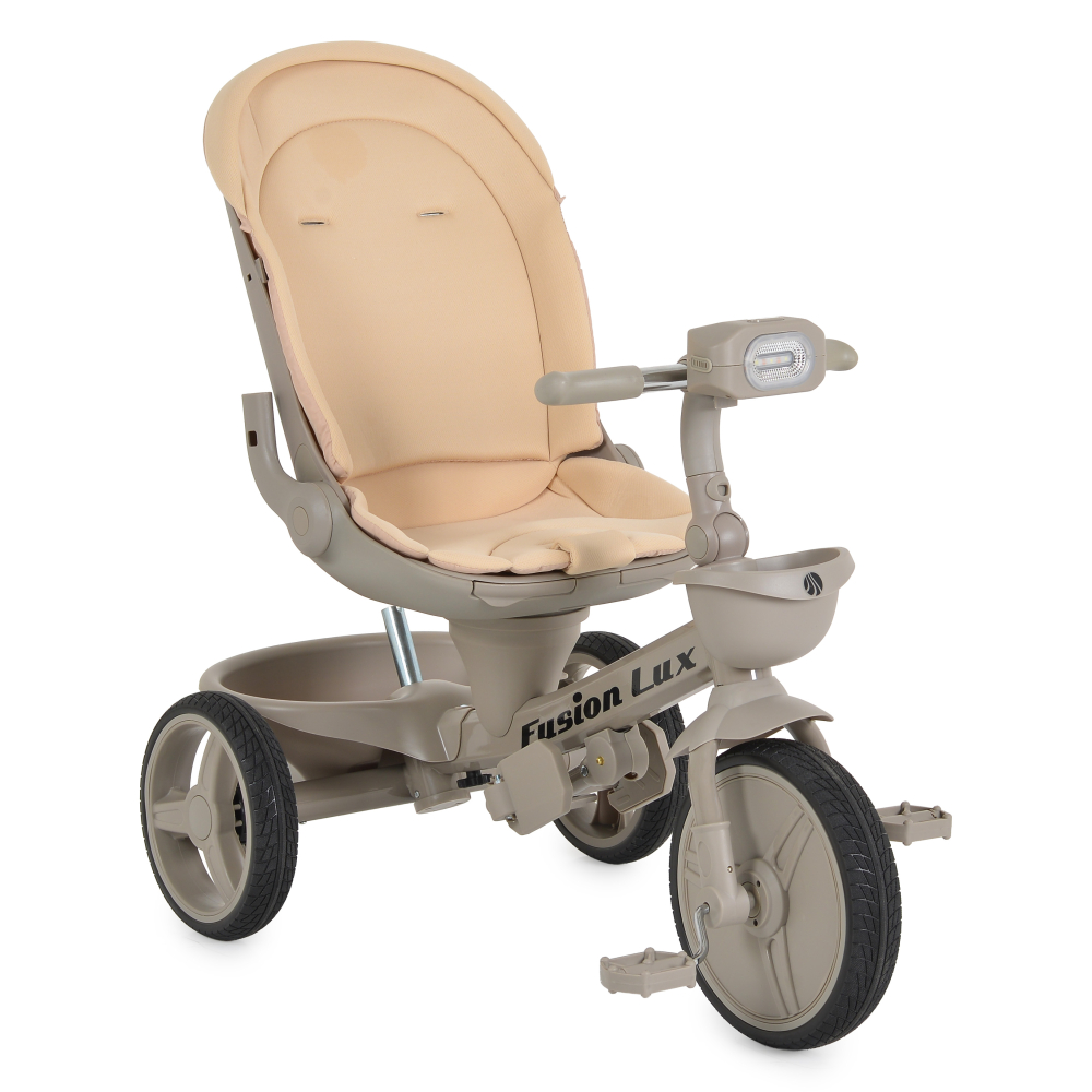 Tricicleta Pliabila Multifunctionala cu Pozitie de Somn, Scaun Reglabil si Reversibil cu Rotatie 360 Grade, Sistem "Free Wheel" Fusion Deluxe Trike, Far cu Lumini si Sunete - BEIGE [10]