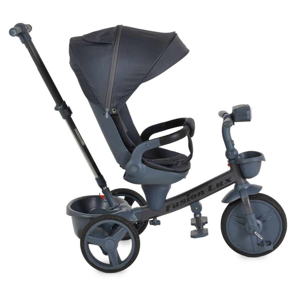 Tricicleta Pliabila Multifunctionala cu Pozitie de Somn, Scaun Reglabil si Reversibil cu Rotatie 360 Grade, Sistem "Free Wheel" Fusion Deluxe Trike, Far cu Lumini si Sunete - GRI INCHIS [6]
