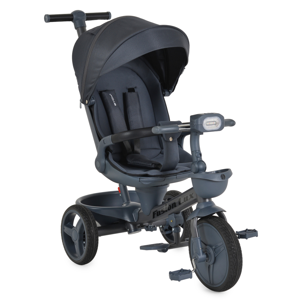 Tricicleta Pliabila Multifunctionala cu Pozitie de Somn, Scaun Reglabil si Reversibil cu Rotatie 360 Grade, Sistem "Free Wheel" Fusion Deluxe Trike, Far cu Lumini si Sunete - GRI INCHIS [3]