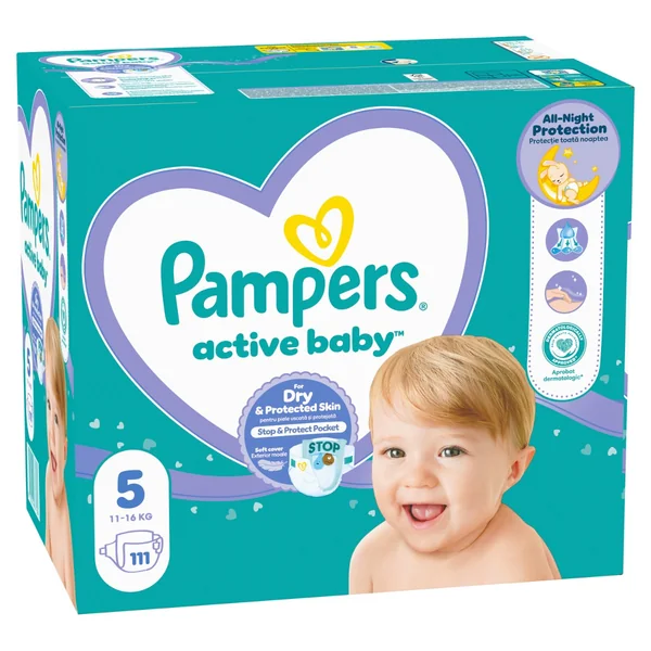 Scutece si chilotei - Scutece PAMPERS  Active Baby Mega Box Marimea 5 pentru 11 -16 kg, 111 bucati / Bax