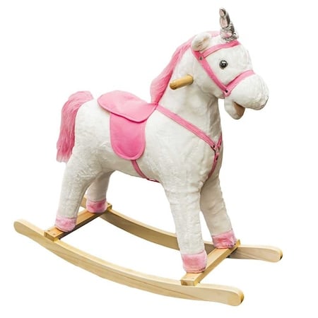 Balansoare copii - Calut balansoar din lemn si plus, model unicorn, roz/alb, pentru copii, 78 x 28 x 68 cm