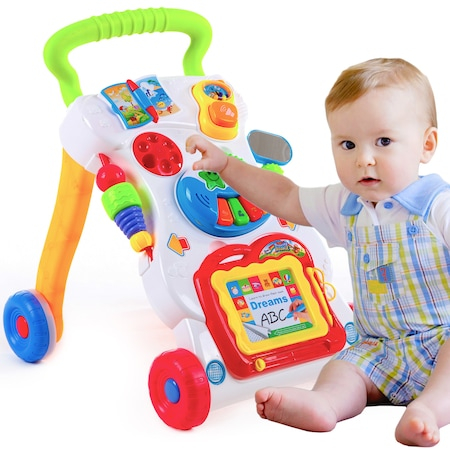 Carucioare si articole transport - Antepremergator Baby First Step, Jucarii detasabile, tabla de scris, telefon, pian, toate detasabile, lumini si sunete, 45 cm inaltime  interactiv