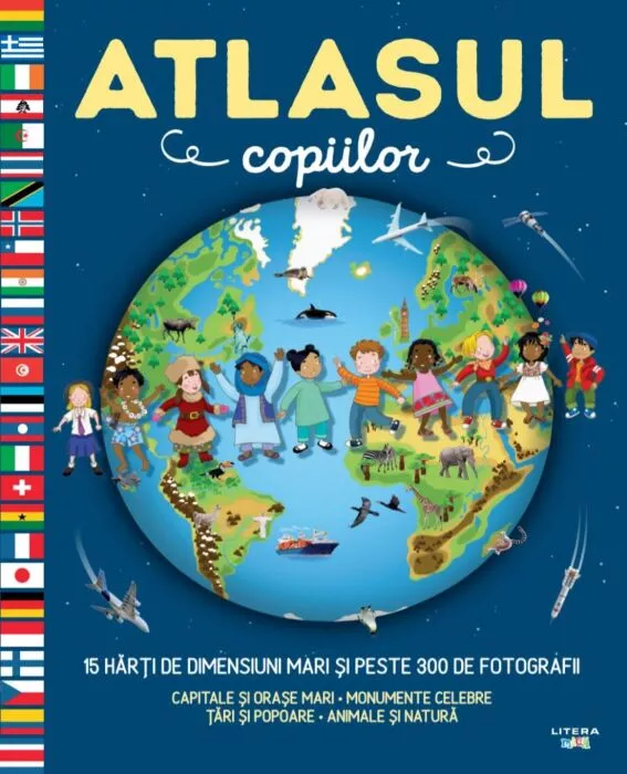 Harti de perete si globuri pamantesti - Atlasul copiilor. 15 Harti de dimensiuni mari si peste 300 de Fotografii ce  infatiseaza diversitatea Tarilor, Oamenilor si Animalelor.