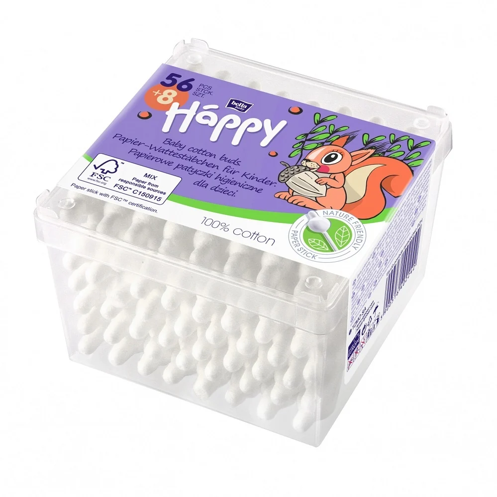 Set Promo : 56+8 Gratis Bucati Betisoare de Urechi Igienice cu Opritor pentru Copii Happy, 100 % Bumbac [2]