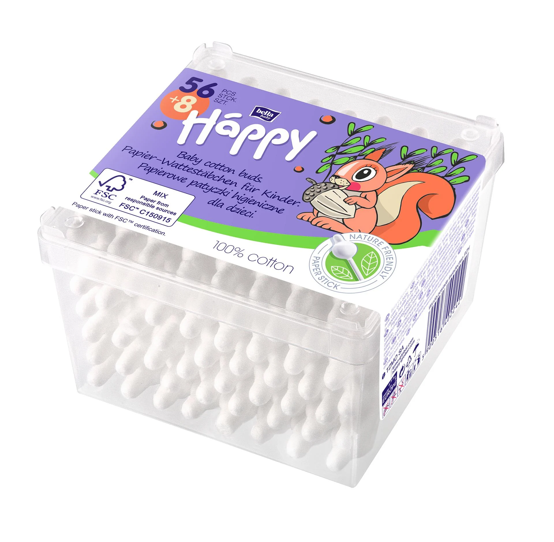 Set Ingrijire  Bebelusi - Set Promo : 56+8 Gratis Bucati Betisoare de Urechi Igienice cu Opritor pentru Copii Happy, 100 % Bumbac