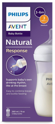 Biberoane, tetine si accesorii - Biberon Philips Avent Natural Response  260 ML, Tetina care functioneaza ca Sanul Mamei, cu Debit 3, Tetina Fara Scurgeri, +3 Luni, fara BPA, Usor de Curatat