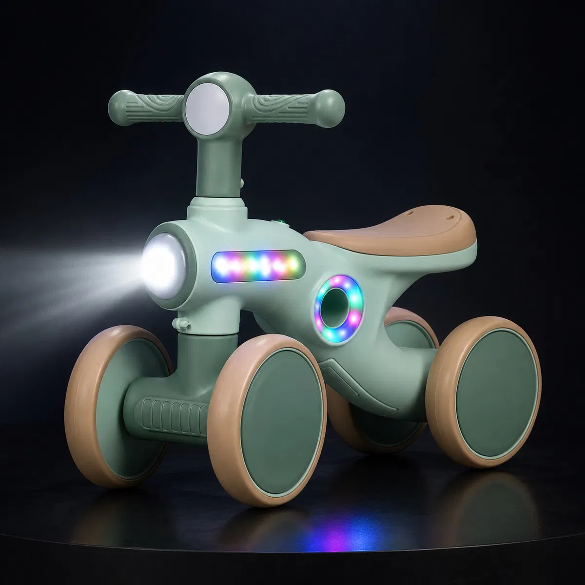 Bicicletă  cu 4 Roti fără Pedale ,Roti Silentioase Anti-Alunecare, Ghidon cu Rotire limitată la 135°,  Far Frontal Luminos, Sezut Ergonomic , Lumini Led Laterale si Muzică  pentru Copii 1 – 3 ani - Verde [2]