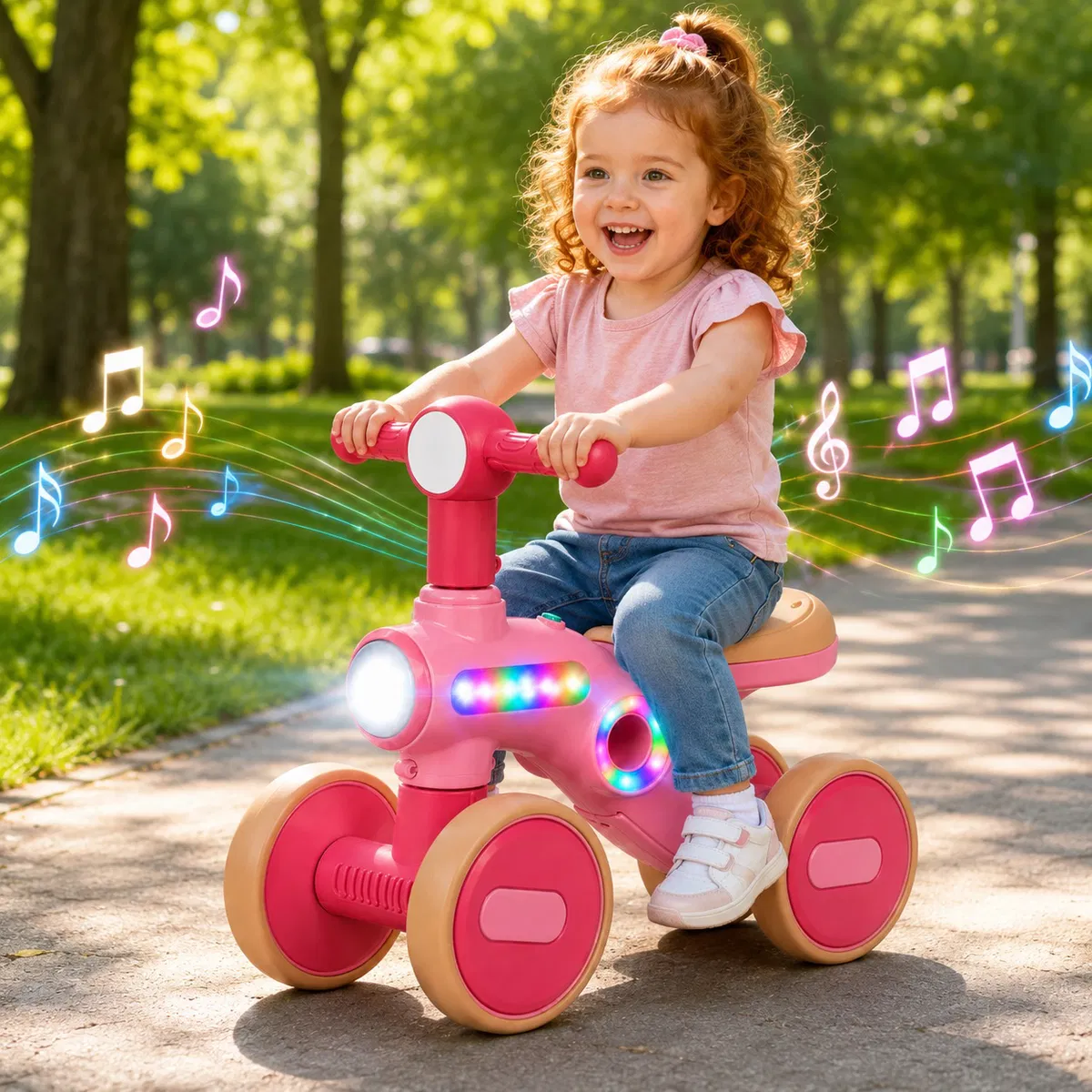 Jucarii de exterior - Bicicletă  cu 4 Roti fără Pedale ,Roti Silentioase Anti-Alunecare, Ghidon cu Rotire limitată la 135°,  Far Frontal Luminos, Sezut Ergonomic , Lumini Led Laterale si Muzică  pentru Copii 1 – 3 ani - ROZ