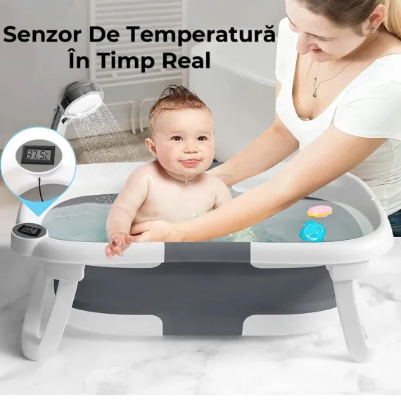Cadita Pliabila pentru Bebelusi  cu Termometru Digital , Dop de Scurgere, Picioare Anti Alunecare Design Ergonomic - Albastru cu Alb [7]