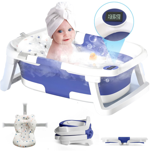Cadita Pliabila pentru Bebelusi  cu Termometru Digital , Dop de Scurgere, Picioare Anti Alunecare Design Ergonomic - Albastru cu Alb [8]