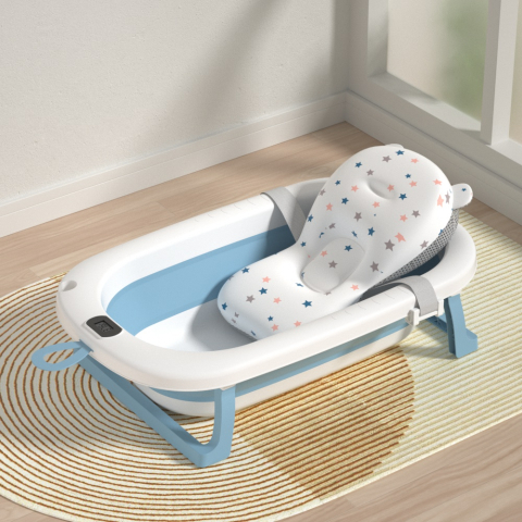 Cadita Pliabila pentru Bebelusi  cu Termometru Digital , Dop de Scurgere, Picioare Anti Alunecare Design Ergonomic - Albastru cu Alb [5]