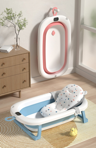 Cadita Pliabila pentru Bebelusi  cu Termometru Digital , Dop de Scurgere, Picioare Anti Alunecare Design Ergonomic - Albastru cu Alb [6]
