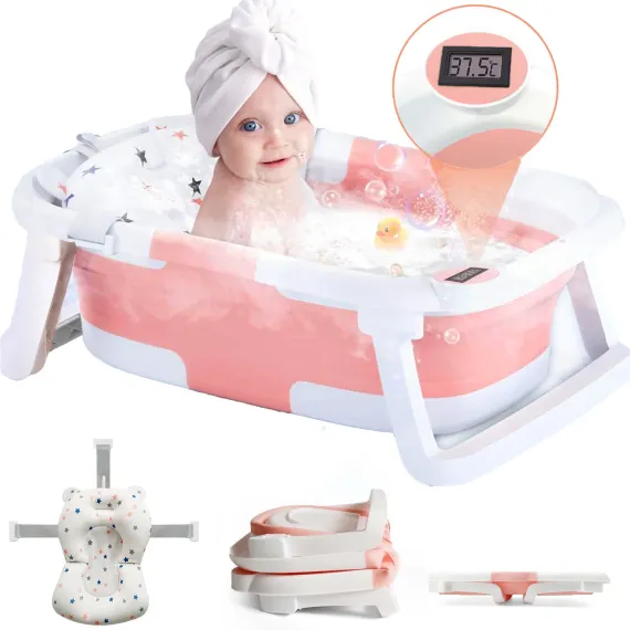 Cadita Pliabila pentru Bebelusi  cu Termometru Digital , Dop de Scurgere, Picioare Anti Alunecare Design Ergonomic - Roz cu Alb [5]