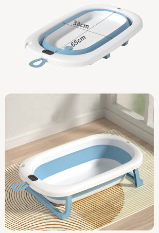 Cadita Pliabila pentru Bebelusi  cu Termometru Digital , Dop de Scurgere, Picioare Anti Alunecare Design Ergonomic - Roz cu Alb [6]