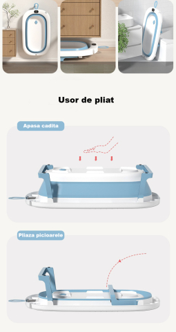 Cadita Pliabila pentru Bebelusi  cu Termometru Digital , Dop de Scurgere, Picioare Anti Alunecare Design Ergonomic - Roz cu Alb [8]