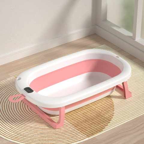 Cadita Pliabila pentru Bebelusi  cu Termometru Digital , Dop de Scurgere, Picioare Anti Alunecare Design Ergonomic - Roz cu Alb [1]