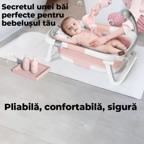 Cadita Pliabila pentru Bebelusi  cu Termometru Digital , Dop de Scurgere, Picioare Anti Alunecare Design Ergonomic - Roz cu Alb [4]