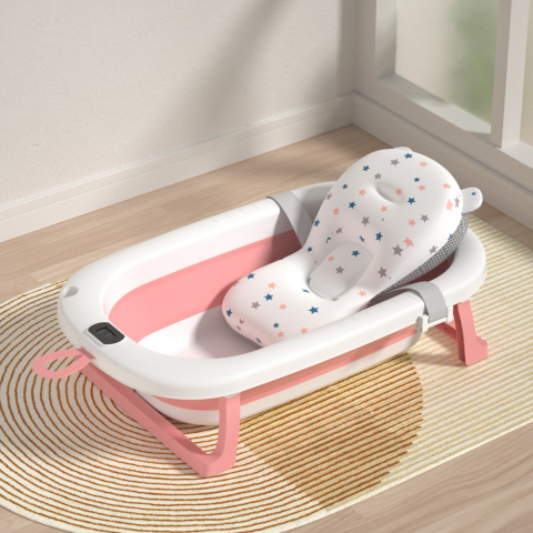 Cadita Pliabila pentru Bebelusi  cu Termometru Digital , Dop de Scurgere, Picioare Anti Alunecare Design Ergonomic - Roz cu Alb [2]