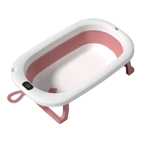 Igiena si ingrijire - Cadita Pliabila pentru Bebelusi  cu Termometru Digital , Dop de Scurgere, Picioare Anti Alunecare Design Ergonomic - Roz cu Alb