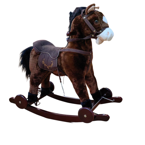 Calut Balansoar Multifunctional 2in1 din Plus Catifelat cu Melodii - Rocking Horse DeLuxe, 4 Roti si Functie de Leagan Balansoar, Dimensiuni 74x37x70 cm, Max 50 kg, Maro  Inchis [1]
