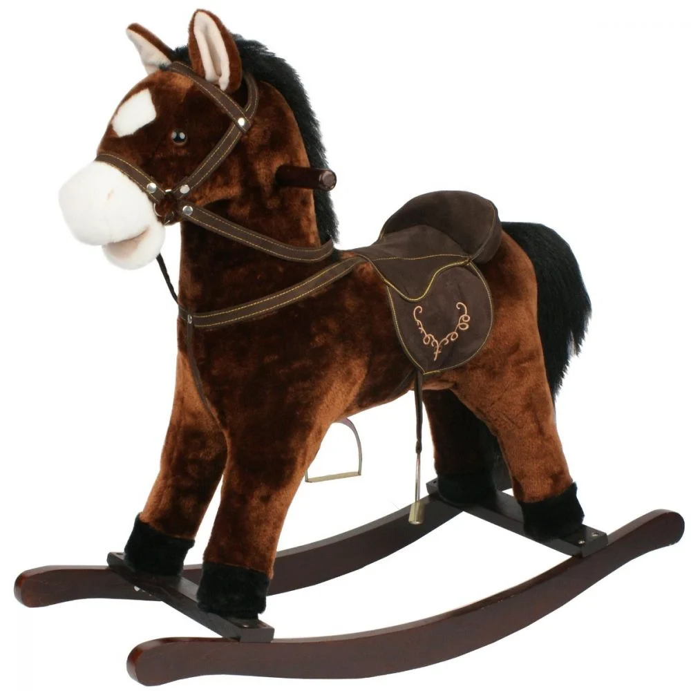 Calut Balansoar Multifunctional 2in1 din Plus Catifelat cu Melodii - Rocking Horse DeLuxe, 4 Roti si Functie de Leagan Balansoar, Dimensiuni 74x37x70 cm, Max 50 kg, Maro  Inchis [6]