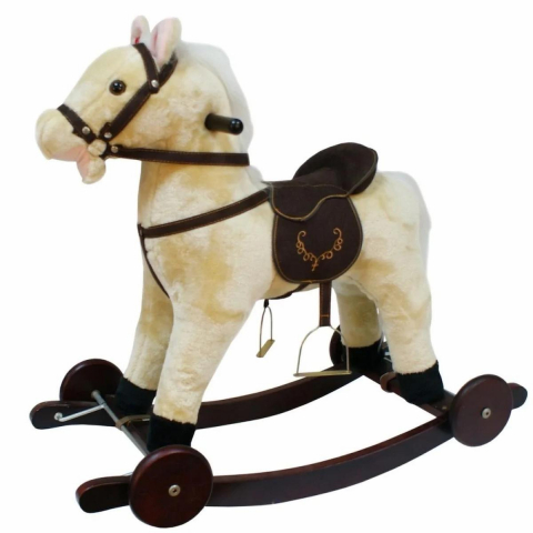 Balansoare, leagane si hamace bebelusi - Calut Balansoar Multifunctional 2in1 din Plus Catifelat cu Melodii - Rocking Horse DeLuxe, Cu roti si Functie de Leagan Balansoar, Platforma Detasabila, Dimensiuni 74x37x64 cm, Max 50 kg, Crem
