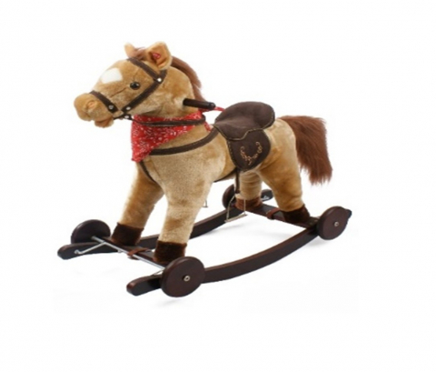 Calut Balansoar Multifunctional 2in1 din Plus Catifelat cu Melodii - Rocking Horse DeLuxe, Cu roti si Functie de Leagan Balansoar, Platforma Detasabila, Dimensiuni 74x37x64 cm, Max 50 kg, Maro Deschis [4]
