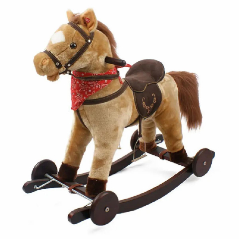 Calut Balansoar Multifunctional 2in1 din Plus Catifelat cu Melodii - Rocking Horse DeLuxe, Cu roti si Functie de Leagan Balansoar, Platforma Detasabila, Dimensiuni 74x37x64 cm, Max 50 kg, Maro Deschis [6]