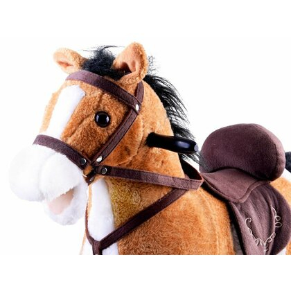 Calut Balansoar Muzical  Platforma din lemn, Sunete de Galop si Nechezat, Plus Moale Catifelat , 70x73x28 cm, Alimentare pe baza de baterii, Maro Deschis [1]