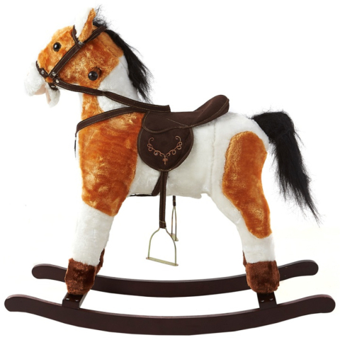 Calut Balansoar Muzical  Platforma din lemn, Sunete de Galop si Nechezat, Plus Moale Catifelat , 70x73x28 cm, Alimentare pe baza de baterii, Maro Deschis [1]