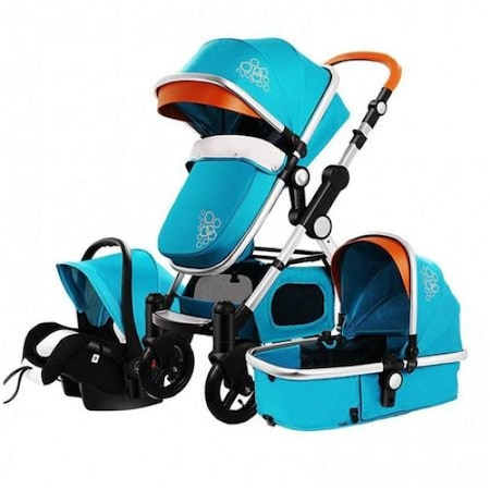 Carucioare si articole transport - Carucior 3 in 1 lux, Scoica inclusa, maner reversibil, suspensie dubla, parasolar cu piele, Turcoaz